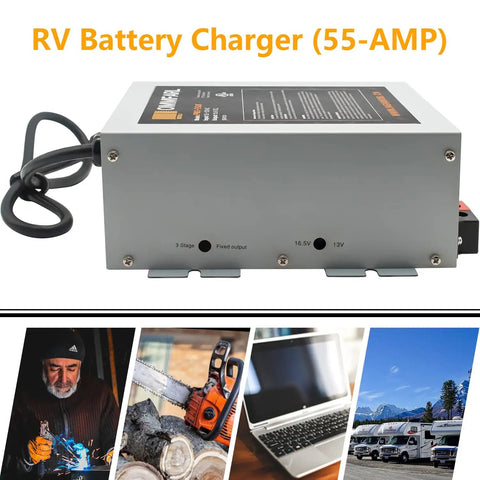 Reliable Serious Juice 55 Amp 120V To 12V DC Power Converter With Built In Three Stage Smart Battery Charger side view.