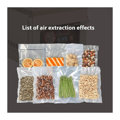 Durable Rock Solid Tabletop Vacuum Sealer Machine For Fresh Food Preservation With Game Changing Heat Wrapping and Hassle Free Commercial Grain Packaging Press Tool, displayed sealed food bags.
