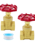 Two brass gate valves, 3/4 in DN20 female threaded, red wheel handles; includes Teflon tape.