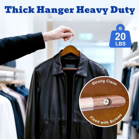 Beefy Extra Wide Solid Wood Hangers With Non Slip Bar And 360 Degree Swivel Hook For Suits, Jackets, And Pants, Heavy Duty