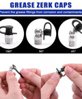 Close-up of All-In-One SAE And Metric Grease Fittings Assortment Kit With Plastic Caps showing grease zerk caps in different angles.