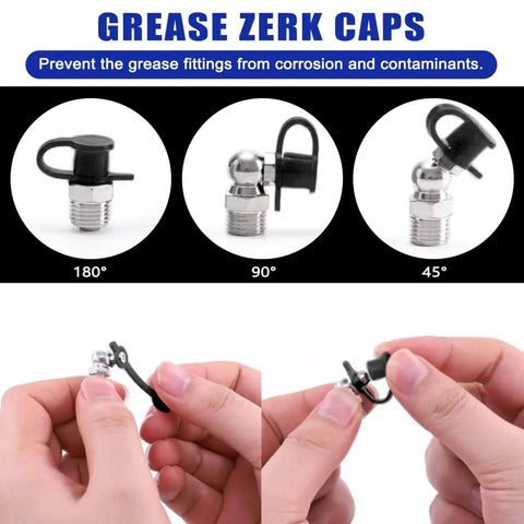 Close-up of All-In-One SAE And Metric Grease Fittings Assortment Kit With Plastic Caps showing grease zerk caps in different angles.