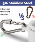 Close-up of stainless steel Heavy Duty Flag Pole Carabiner Clips With Locking Nut next to a rusted snap hook.