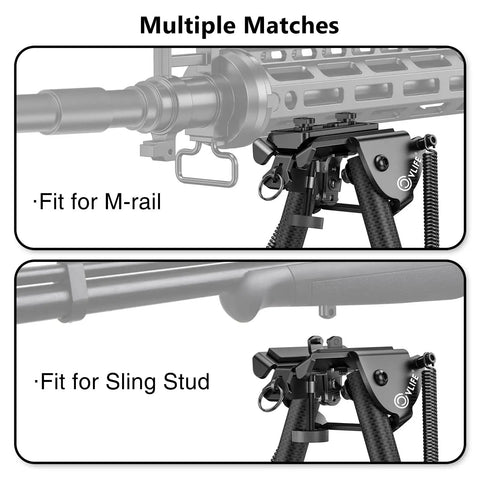 Carbon Fiber Bipod 6 To 9 Inches With M-Rail Adapter setup for M-rail and sling stud attachment, dual compatibility showcase.