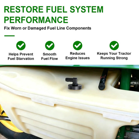 Fuel Pickup And Bushing Replacement Kit For Select Lawn Tractors Including E100 E110 E120 E130 E140 E150 LT133 LT150 LT160 325 335 345 Z225 Z245 Z425 Z445 Z465 Replaces AM122215 And M132706 Easy Fuel Line Repair, shown in use with fuel tank and connectors.