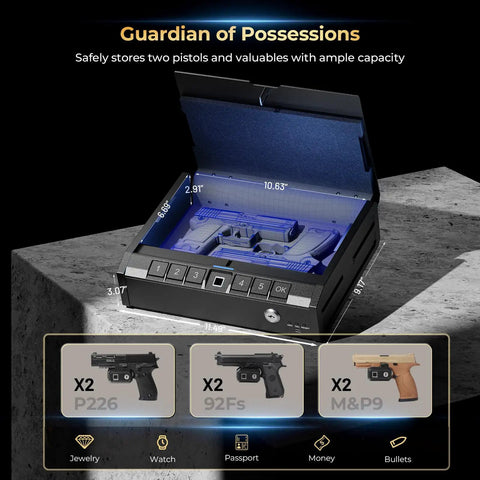 Biometric Gun Safe With Fast Fingerprint Access And Keypad Interior Light Emergency Power Pistol Safe for pistols