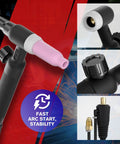 Lift TIG Torch For MIG225 And MIG225SP Welders, WP-17V Welding Gun with detailed views of connectors and ergonomic grip.