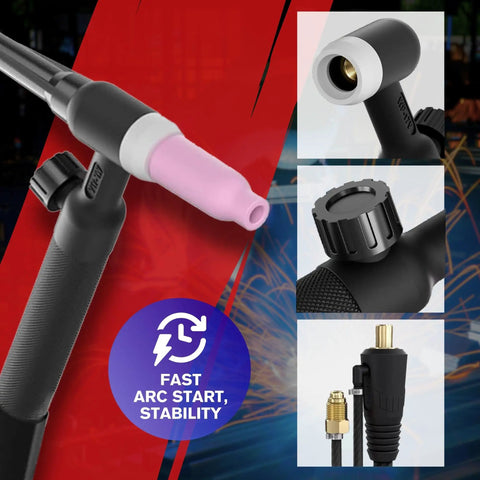 Lift TIG Torch For MIG225 And MIG225SP Welders, WP-17V Welding Gun with detailed views of connectors and ergonomic grip.
