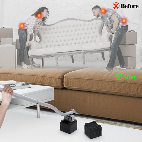 Person using Heavy Duty Furniture Lifter Tool With Sliders And Wheels For Moving Heavy Sofas Refrigerators And Washing Machines Safe To Lift And Roll With Four Raise Blocks And One Lifter Tool Durable Metal Grey, demonstrating ease of lifting and moving furniture.