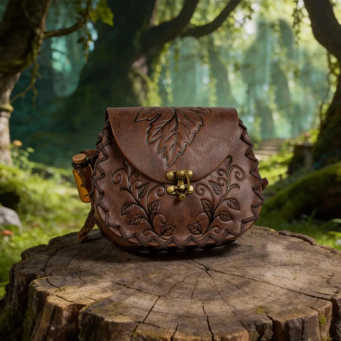 Vintage Brown Faux Leather Medieval Belt Pouch Featuring Carved Elven Leaf Details on a wooden stump in a forest setting.