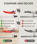 Comparison of Beefy 5/8 Inch Bench Dog Clamp with ratchet hold down and vibration resistant jaws vs standard clamp