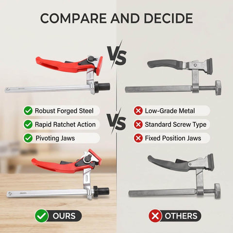 Comparison of Beefy 5/8 Inch Bench Dog Clamp with ratchet hold down and vibration resistant jaws vs standard clamp