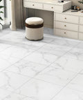 Peel And Stick Floor Tiles For Bathrooms Diy Friendly Waterproof Vinyl Marble Look 12x12 Inches 20 Self Adhesive Tiles Thick 1.6mm No Mess Easy Install White Marble Style Durable Floor Upgrade showing installed tiles in a room with furniture.