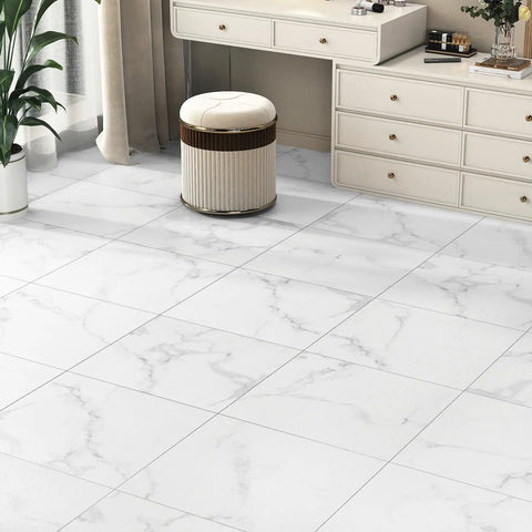 Peel And Stick Floor Tiles For Bathrooms Diy Friendly Waterproof Vinyl Marble Look 12x12 Inches 20 Self Adhesive Tiles Thick 1.6mm No Mess Easy Install White Marble Style Durable Floor Upgrade showing installed tiles in a room with furniture.