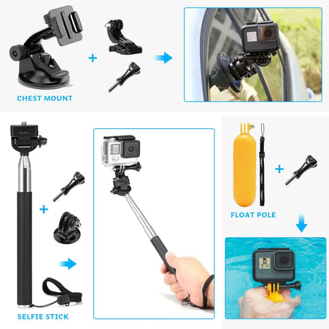 All In One Action Camera Accessory Kit For GoPro And Other Models With Chest Harness, Selfie Stick, and Float Pole