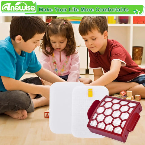Shark Navigator Upright Vacuum Filter Replacement Kit with 2 foam and 6 felt filters, shown next to children playing