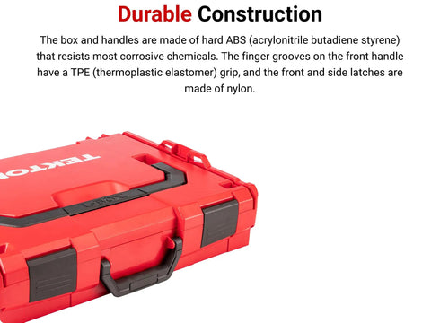 Close-up of red durable toolbox, featuring ABS construction and nylon latches, part of Six-Drawer Rolling Stack With Tool Box And L-BOXX 2 Trays