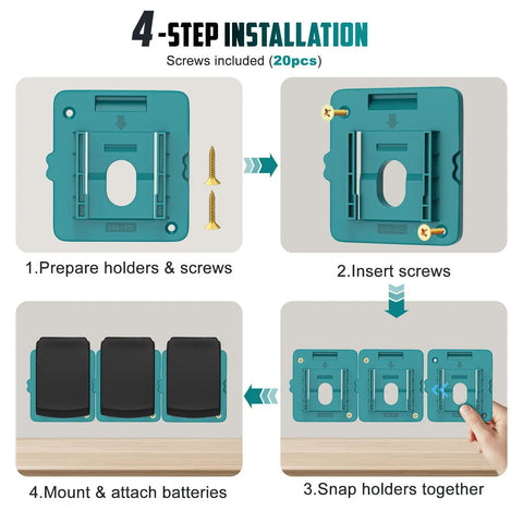 4-step installation guide for 20V Battery Mount Holder Wall Mount Hanger for DCB200 DCB201 DCB202 DCB203 DCB204 batteries