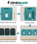 Makita 18V Battery Mount Holder Wall Mount Hanger installation guide with four steps and included screws.