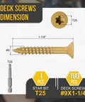 Tan Deck Screws 9x1.25 Inch 100 Pack For Decks Fences Frames Outdoor Furniture Pro Grade Carbon Steel Epoxy Coated With Torx T25 Bit Type 17 Point Heavy Duty Wood Screws For DIY Projects