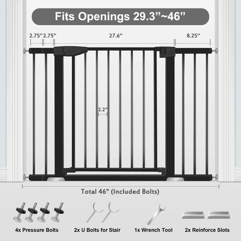 Extra Wide Baby Gate For Stairs And Doorways 30 Inches Tall With Three Extensions Adjustable 29.3 To 46 Inches Black