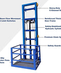 No Sweat Hydraulic Lift Platform With Integrated Safety Rail For Squeeze Spaces And Tight Hallways, showing heavy-duty steel frame and anti-slip platform.