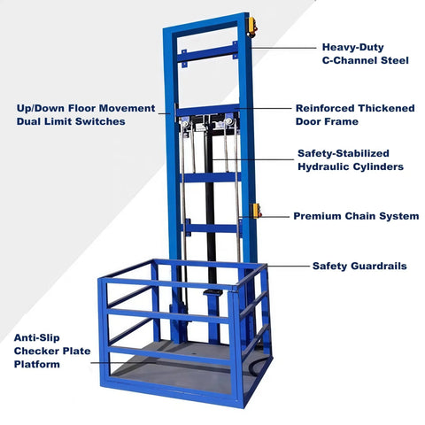 No Sweat Hydraulic Lift Platform With Integrated Safety Rail For Squeeze Spaces And Tight Hallways, showing heavy-duty steel frame and anti-slip platform.