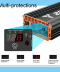 Solid 2000 Watt Power Inverter 12V DC To 110V AC Converter display showing input, output readings and multi-protection features.