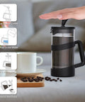 Compact 12 Oz Mini French Press Coffee Maker For Camping And Travel with black finish, illustrated brewing steps on the side