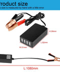 4 Port 5V USB Car DC Converter Charger 8A Buck Regulator With Battery Clip For 12V And 24V Systems dimensions shown