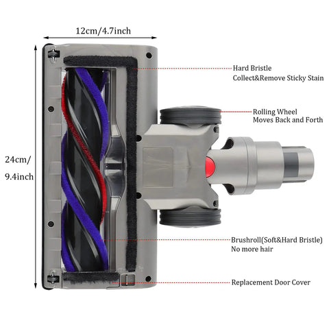 Motor Head Replacement For V15 V11 V10 V8 V7 Vacuum Cleaners showing detailed brushroll and dimensions.