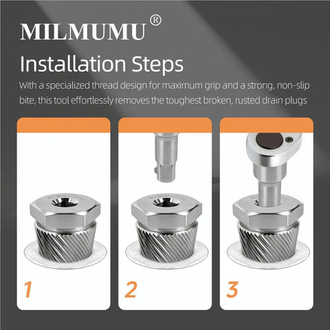 Installation steps showing Heavy Duty Tub Drain Extractor Kicks Out Stubborn Bathroom Clogs Fast fits various drain plugs.