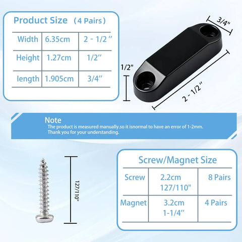 4 Pair RV Magnetic Door Holders Black Metal Magnetic Baggage Door Catch Clip product dimensions and screw size chart