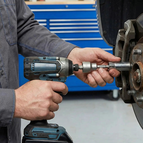 Using Two Piece Backup RV Jack Socket Drill Adapter with cordless drill on a vehicle part in a garage setting.