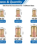 Heavy Duty 400 Piece Zinc Plated Rivet Nut Kit With UNC Threaded Inserts From 6-32 To 3/8-16 featuring various nut sizes with dimension details.