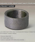 Beefy 1-1/2 Inch Female Half Coupling In Merchant Steel With Black Finish And Straight Tapped Thread, Go-To Pipe Fitting For Plumbing Projects, 1-1/2 Inch Female Connector, ANSI And ASTM Compliant.