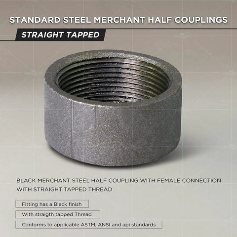 Beefy 1-1/2 Inch Female Half Coupling In Merchant Steel With Black Finish And Straight Tapped Thread, Go-To Pipe Fitting For Plumbing Projects, 1-1/2 Inch Female Connector, ANSI And ASTM Compliant.