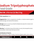Product label for Go-To Sodium Tripolyphosphate STPP Food Grade 5 Kg with usage and storage instructions.