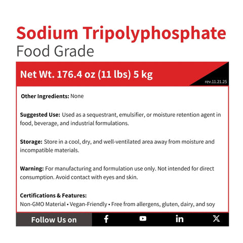 Product label for Go-To Sodium Tripolyphosphate STPP Food Grade 5 Kg with usage and storage instructions.