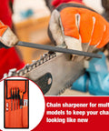 Portable Electric Chainsaw Sharpener Kit With 8 Piece File Set And 45 Diamond Sharpener Stones in use on chainsaw chain
