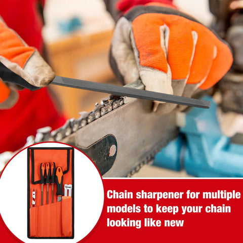 Portable Electric Chainsaw Sharpener Kit With 8 Piece File Set And 45 Diamond Sharpener Stones in use on chainsaw chain
