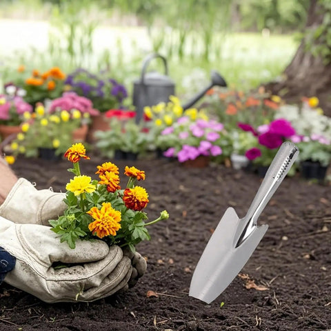 Gardener using Stainless Steel Garden Trowel And Hand Shovel With Pro Grade Measurement Marks For Planting Transplanting Weeding And Digging Durable Rust Resistant Garden Tool For Home Gardeners Ergonomic Grip Multi Purpose Spade in flower bed