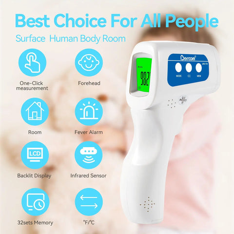 3 In 1 Non Contact Infrared Thermometer For Forehead Fever Check, Kid Friendly For Babies, Kids, And Adults, Also Reads Milk Food And Room Temperature, Backlit LCD, Fever Alarm, Batteries Not Included, handheld model with display