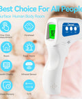 Infrared Thermometer 3 In 1 For Home Use, Nursery And Family Checks Body, Room, And Object Temps, Switch Between Fahrenheit And Celsius, Smart Fever Indicator With 3 Color Backlight, Perfect For Baby, Kids And Adults., white infrared thermometer with green LCD display and mode buttons