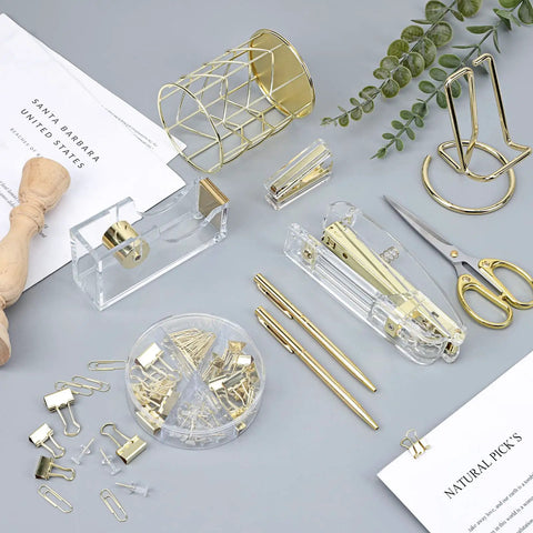 Gold Acrylic Office Desk Accessories Set with Stapler and Staples, Staple Remover, Tape Holder, Pen Holder, and Scissors