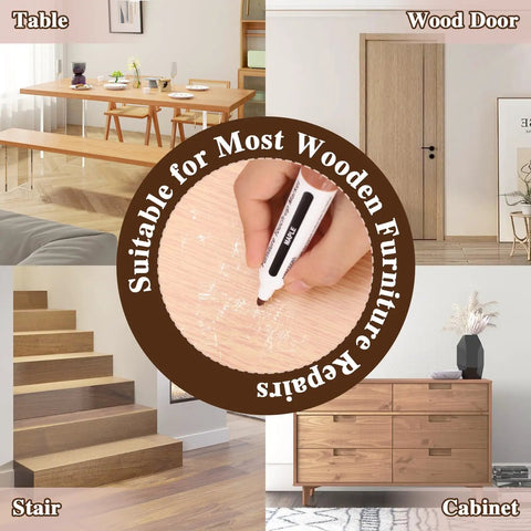 Dual Tip Furniture Markers And Wood Filler Putty Kit Knock Out Tough Floor Scratches Fast 13 Piece Furniture Repair Set displayed on wood surfaces.