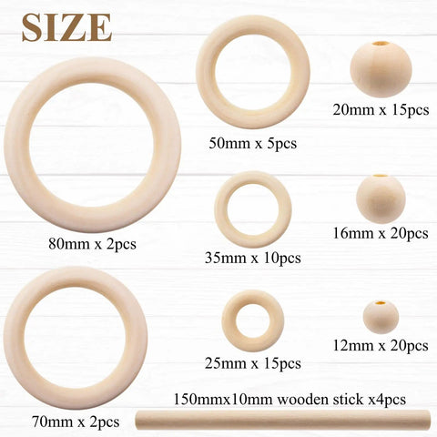Macrame Kit 93 Pieces With Sticks Rings And Beads For Wall Hangings And Plant Hangers The Dope Starter Kit For DIY Crafters Knitting Unfinished Wood Beads And Rings Set For Creative Home Decor showing dimensions of wooden rings and sticks.
