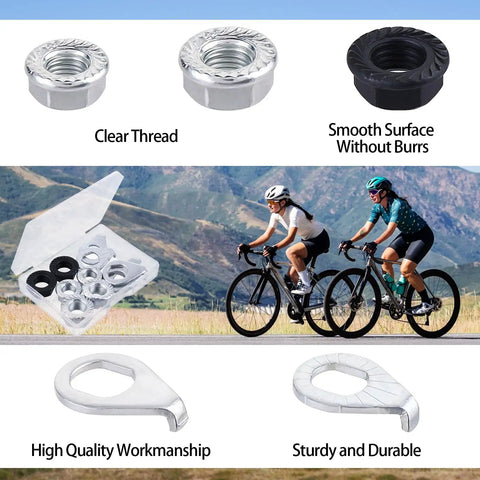 Must Have Mountain Bike Axle Nut And Safety Washer Kit with M8 M9.5 M10 nuts and washers, cyclists riding in background