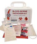 Front view of Bloodborne pathogen cleanup kit in a white case with PPE, biohazard bag, and absorbent pads.