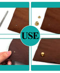 Hella Durable Gold Brass Rivet Studs For Handbags And Purses Heavy Duty Screw Back Feet shown installed on leather fabric.
